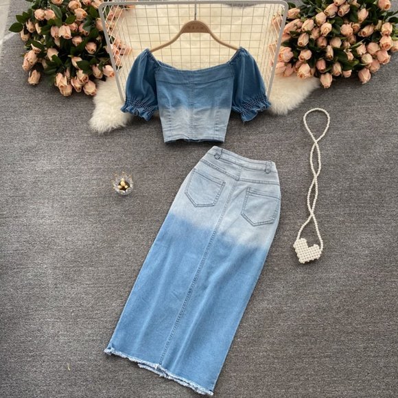 Gradient Color Summer Denim Skirts Set For Women - Picture 6 of 6